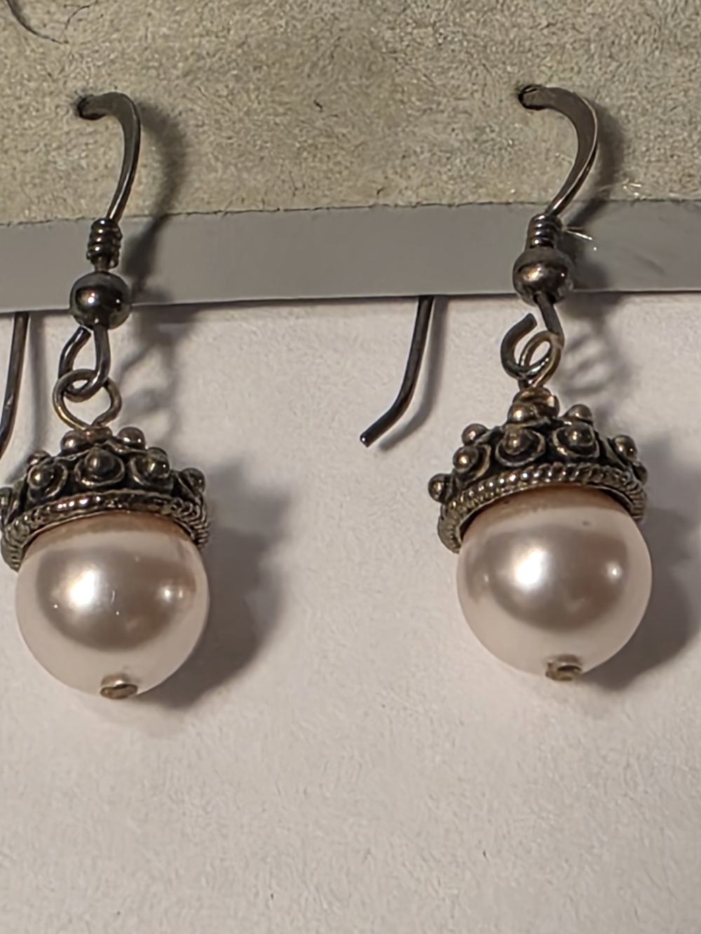 Vintage Flaux Pearl Drop Earrings. Silver Crown Top Dangle